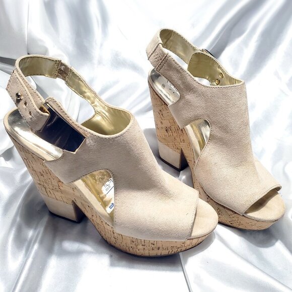 CARLOS tan suede cut out cork platform heels BRISTOL SZ 8.5 - Picture 1 of 5